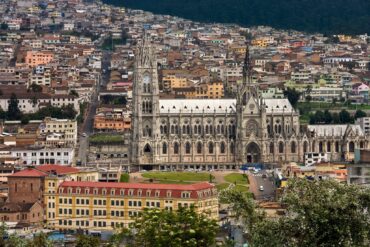 Gothic towers of the Basílica del Voto Nacional in Quito, Ecuador